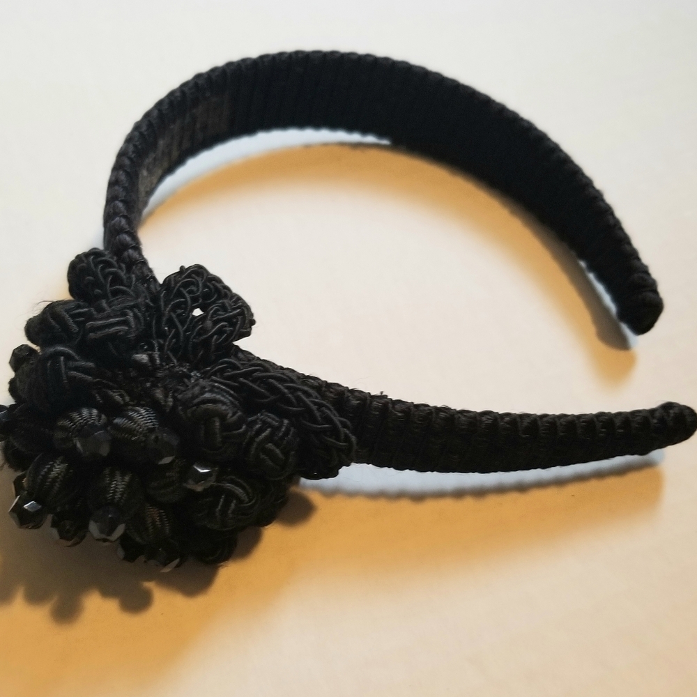 Vintage Black Ribbed Headband with Soutache Knotted Beaded Rosette by David OS
